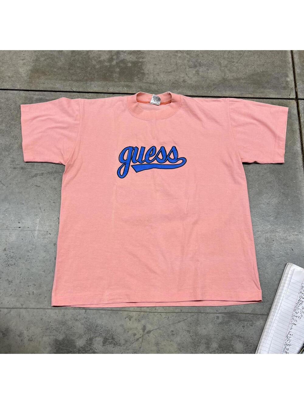 vintage guess jeans made in usa salmon pink spell out shirt size large